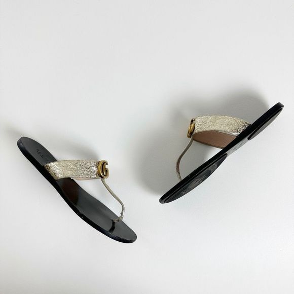 GUCCI Marmont Gold Sandal Size 38.5 US 8.5 Double GG Metallic Leather Flat Slide - Picture 10 of 15